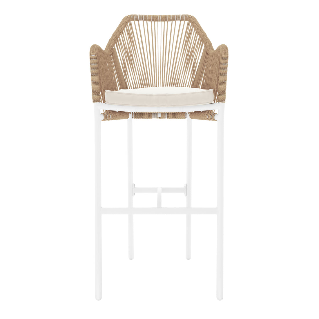 Close-up of the Luzon with Tablas Wicker Outdoor Package, featuring a sleek bar table and a wicker bar stool, emphasizing their modern design and sturdy construction suitable for indoor or outdoor settings.