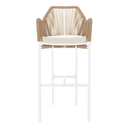 Close-up of the Luzon with Tablas Wicker Outdoor Package, featuring a sleek bar table and a wicker bar stool, emphasizing their modern design and sturdy construction suitable for indoor or outdoor settings.