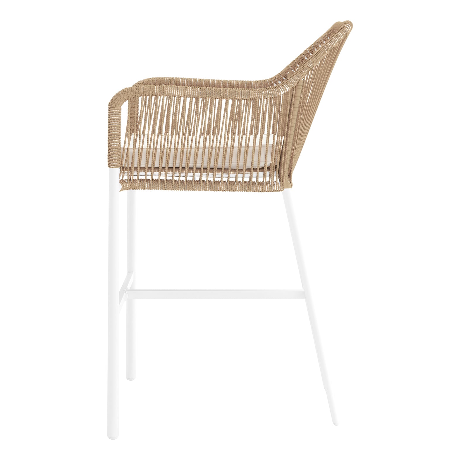 Close-up of the Luzon with Tablas Wicker Outdoor Package showcasing the wicker armrest design of the bar stool, highlighting its intricate craftsmanship and elegant style.