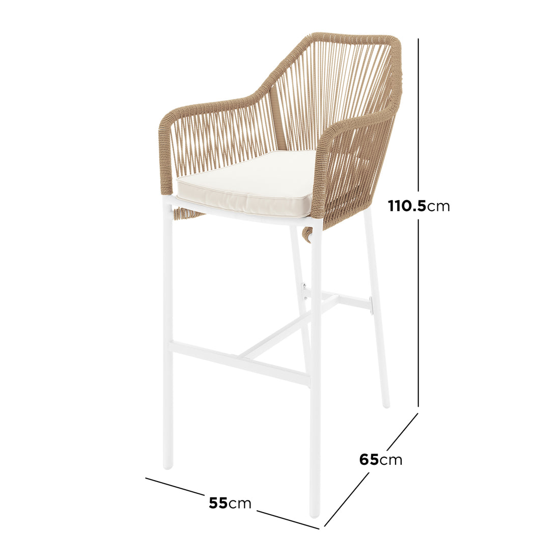 Luzon with Tablas Wicker Outdoor Package features a close-up of a bar stool and table, showcasing the wicker design and cushion detail, ideal for elegant indoor or outdoor settings.