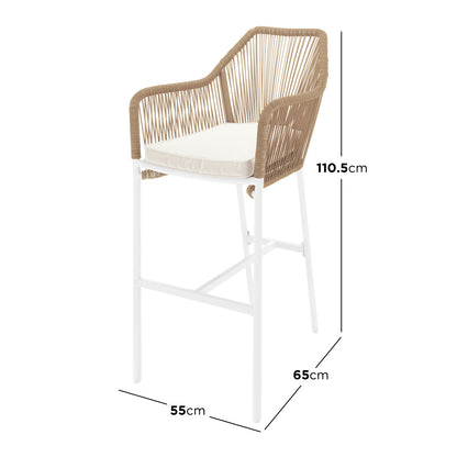 Luzon with Tablas Wicker Outdoor Package features a close-up of a bar stool and table, showcasing the wicker design and cushion detail, ideal for elegant indoor or outdoor settings.