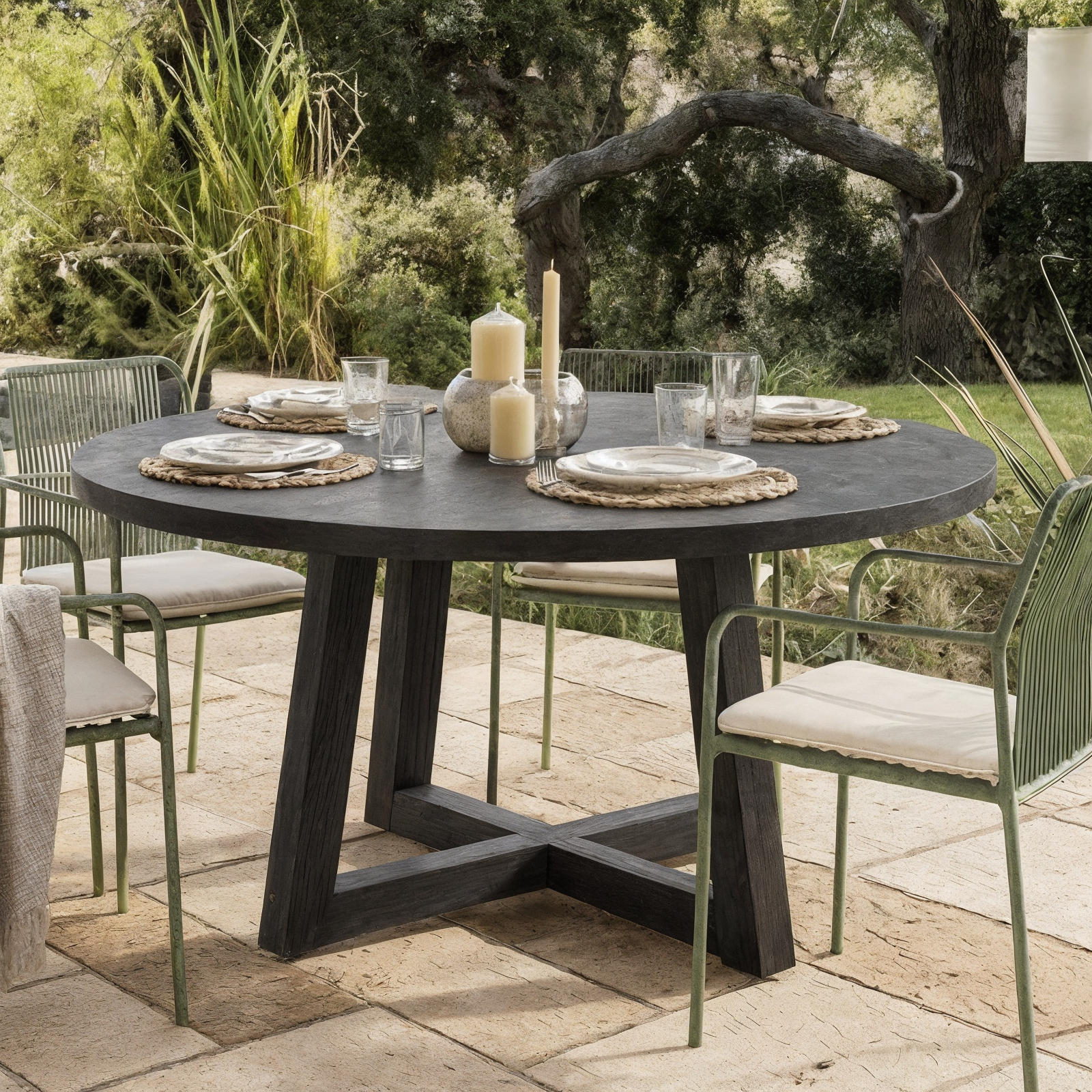 Magnus Hardwood and Concrete Outdoor Dining Table on a patio with a round concrete top, acacia wood X-base, set with rattan placemats and surrounded by green metal chairs with cushions.