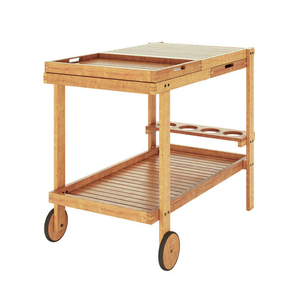 Maiden Solid Wood Outdoor Kitchen Trolley Cart in Natural, showcasing a two-tiered design with slatted shelves, integrated handles, bottle holders, wheels, and a discreet drawer, perfect for stylish outdoor entertaining.