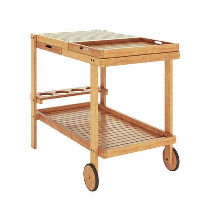 Maiden Solid Wood Outdoor Kitchen Trolley Cart in Natural features a slatted top tray, circular bottle holders, open slatted bottom, and two wooden casters, crafted from durable acacia wood.