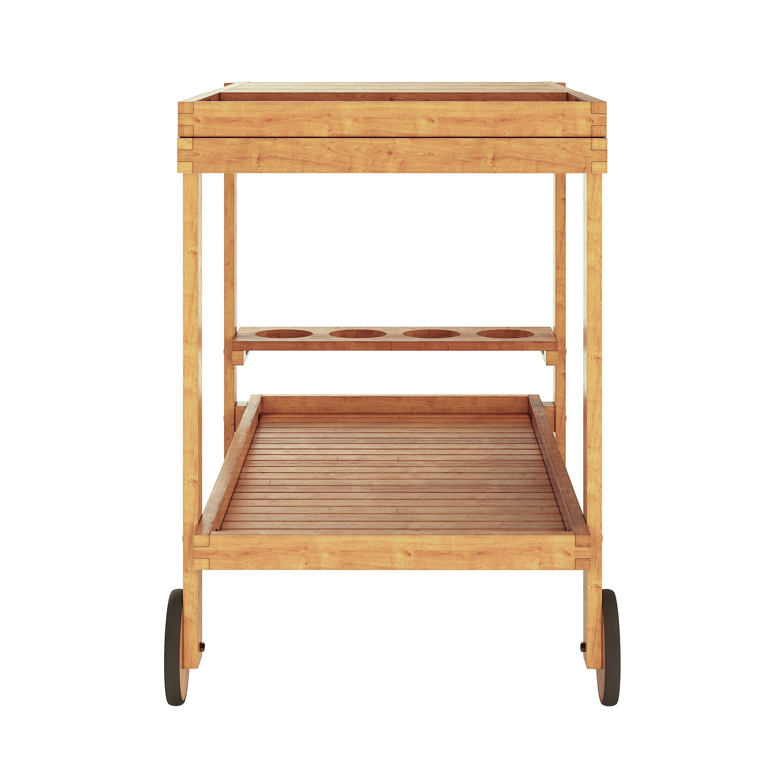 Maiden Solid Wood Outdoor Kitchen Trolley Cart in Natural features a wooden three-tiered frame with wheels, including a top open box, middle pot holder shelf, and bottom slatted storage tray.