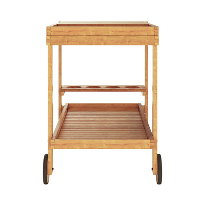 Maiden Solid Wood Outdoor Kitchen Trolley Cart in Natural features a wooden three-tiered frame with wheels, including a top open box, middle pot holder shelf, and bottom slatted storage tray.