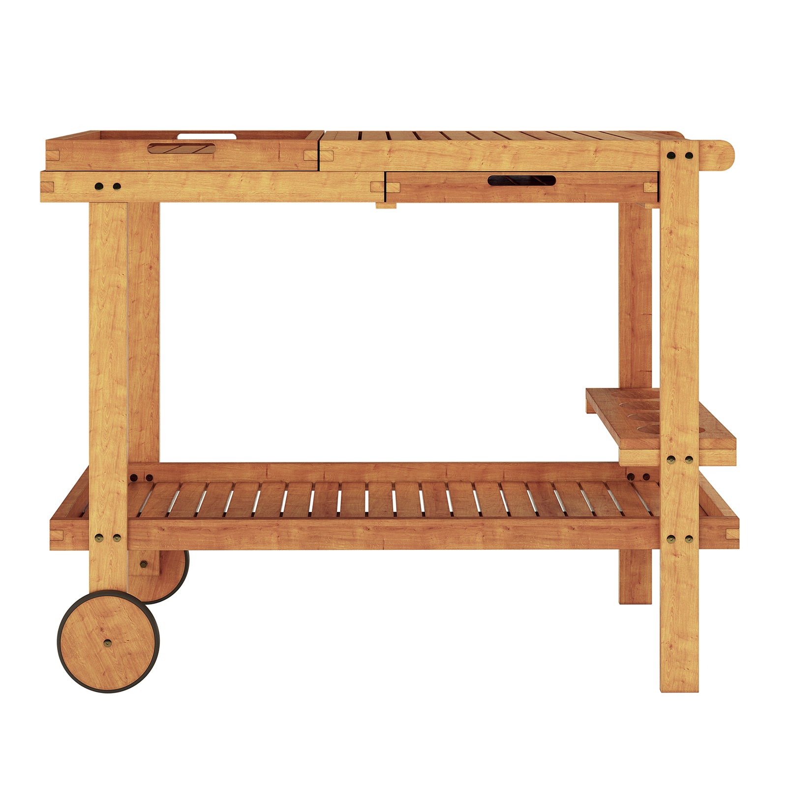 Maiden Solid Wood Outdoor Kitchen Trolley Cart in Natural, featuring a wooden slatted design with two shelves, side shelf, handles, wheels, bottle holders, removable trays, and a discreet drawer.