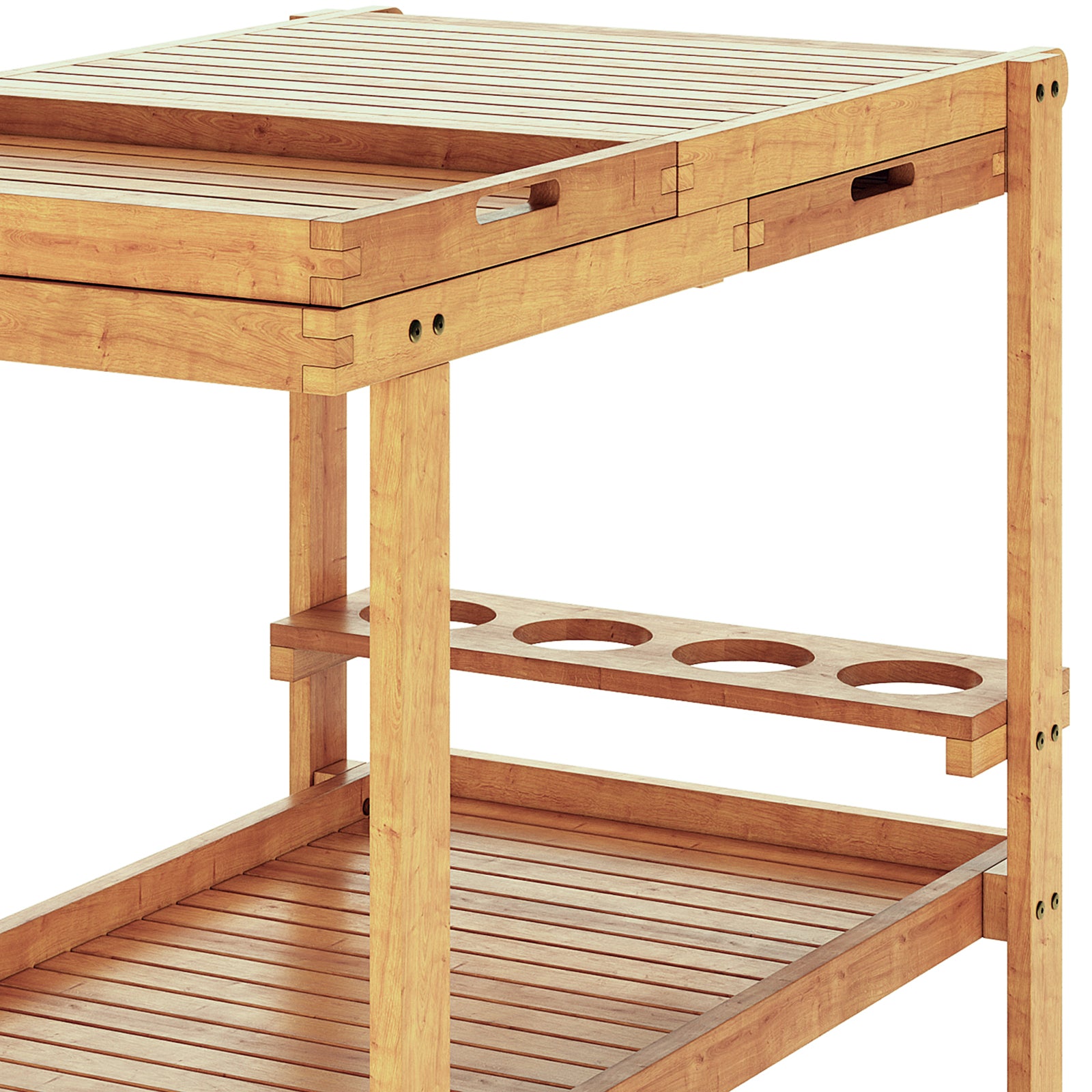 Maiden Solid Wood Outdoor Kitchen Trolley Cart in Natural, featuring a three-tier slatted design with a top tray, middle shelf with round holes, and lower shelf, crafted from durable acacia wood.