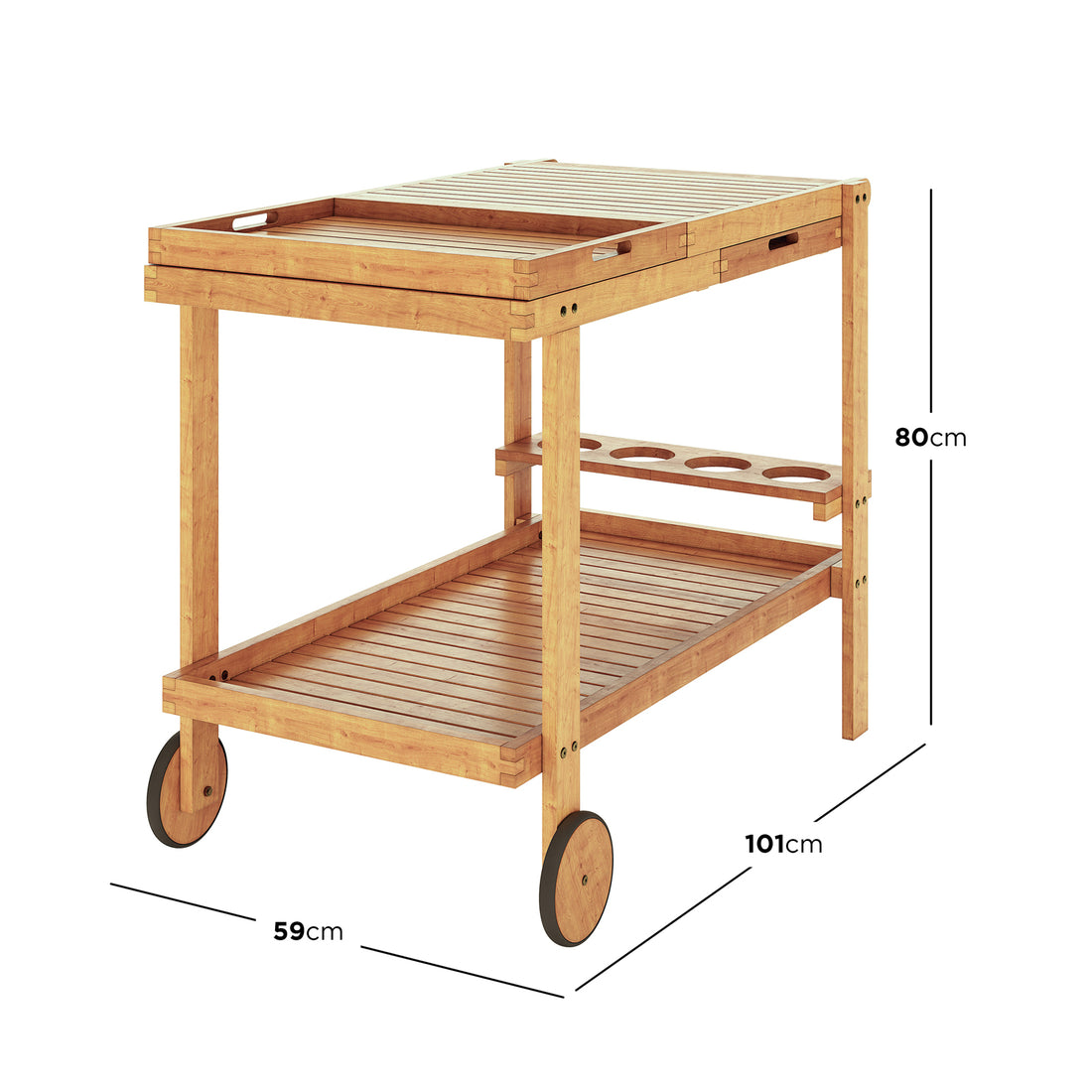 Maiden Solid Wood Outdoor Kitchen Trolley Cart in Natural, featuring a two-tiered design with slatted surfaces, removable tray, bottle holders, and wheels for mobility, ideal for versatile outdoor use.