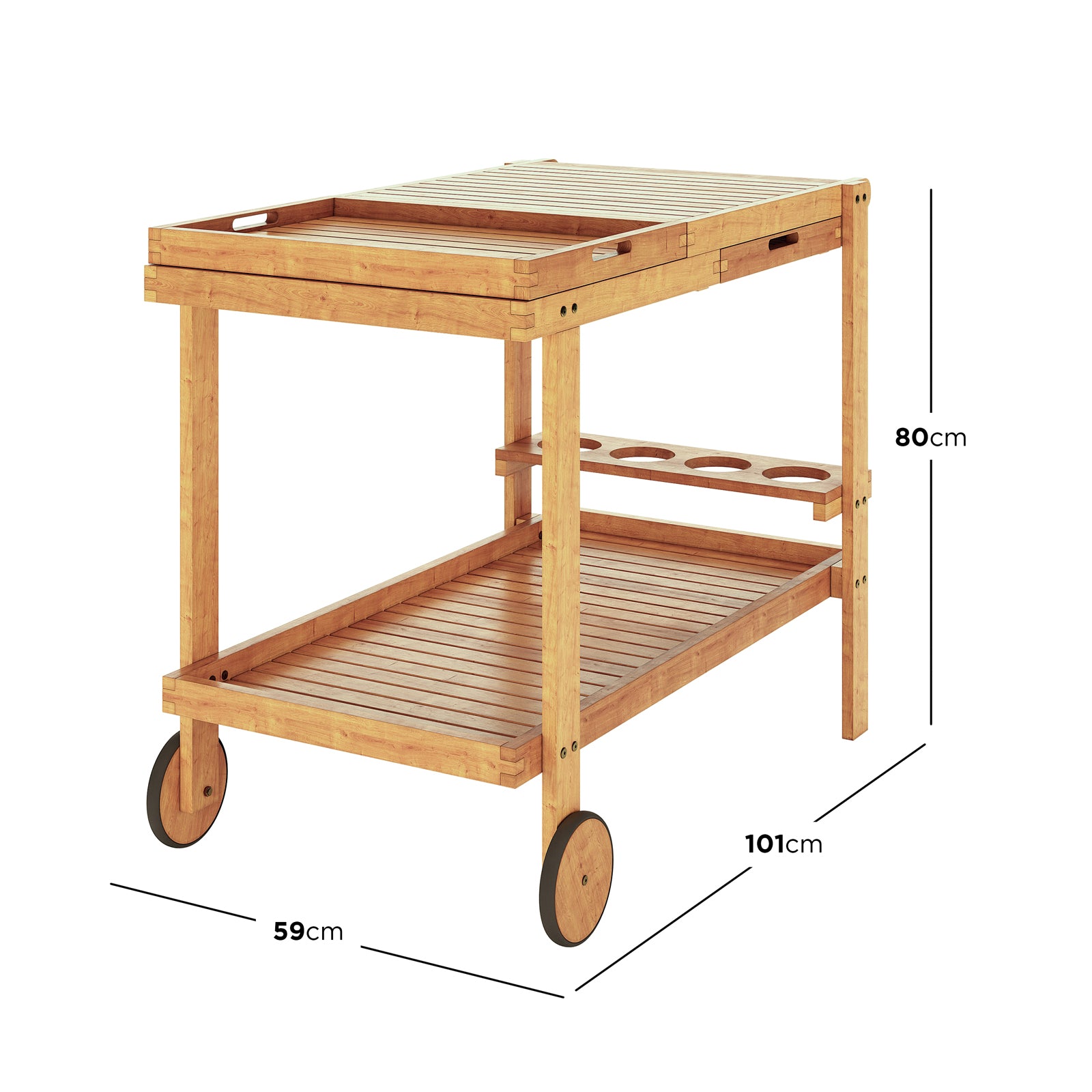 Maiden Solid Wood Outdoor Kitchen Trolley Cart in Natural, featuring a two-tiered design with slatted surfaces, removable tray, bottle holders, and wheels for mobility, ideal for versatile outdoor use.