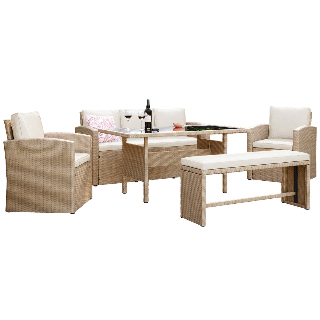 Mapa 7 Seater Wicker Outdoor Sofa Dining Set featuring a close-up of a wicker chair, a white pillow, and a bench, highlighting its elegant design and spacious seating arrangement.