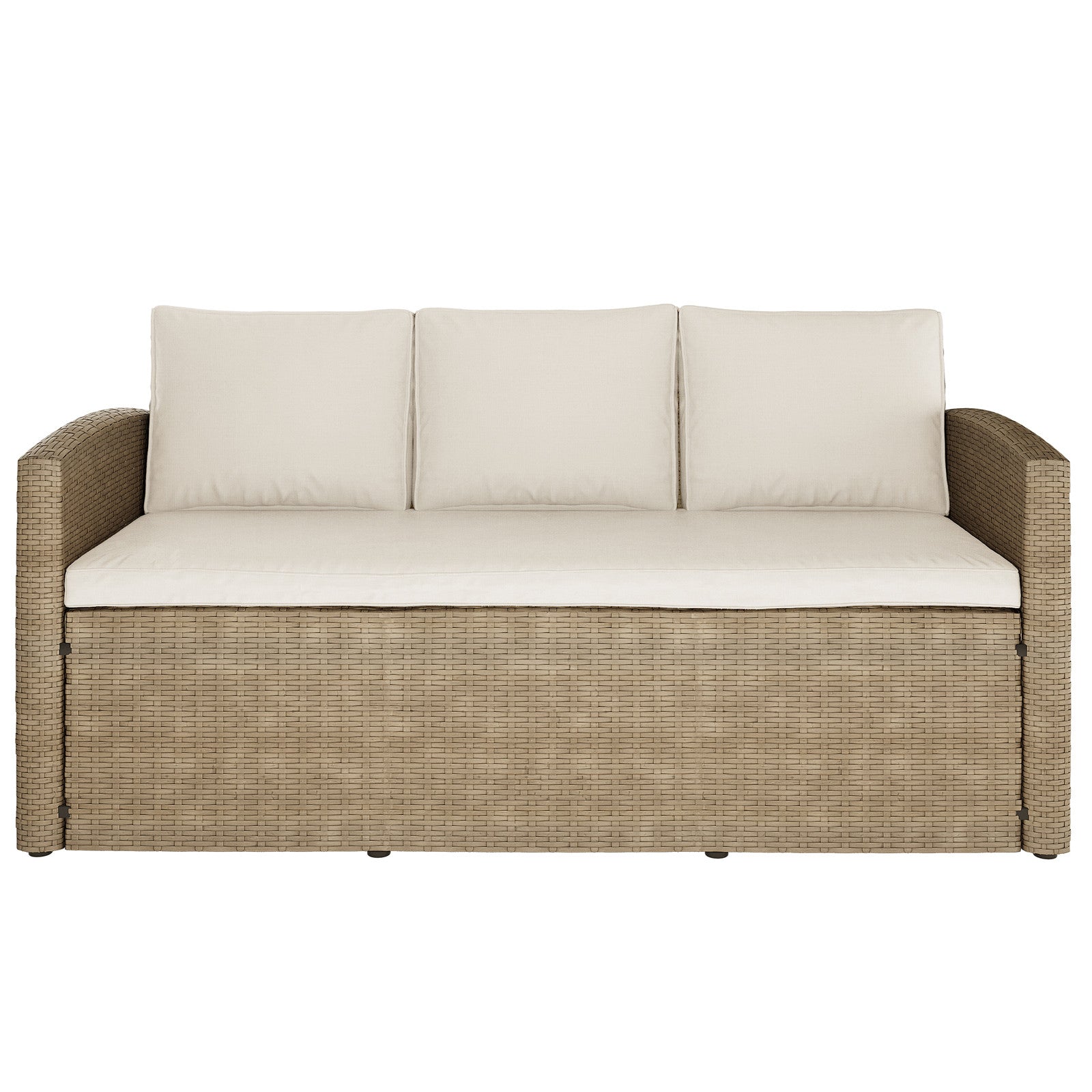 Close-up image showing the Mapa 7 Seater Wicker Outdoor Sofa Dining Set Natural, highlighting the intricate wicker texture and plush cushions, ideal for transforming patios into stylish, functional dining areas.