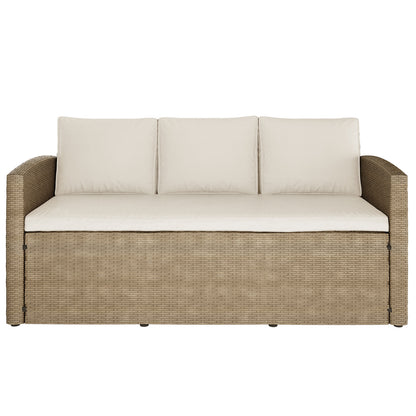 Close-up image showing the Mapa 7 Seater Wicker Outdoor Sofa Dining Set Natural, highlighting the intricate wicker texture and plush cushions, ideal for transforming patios into stylish, functional dining areas.