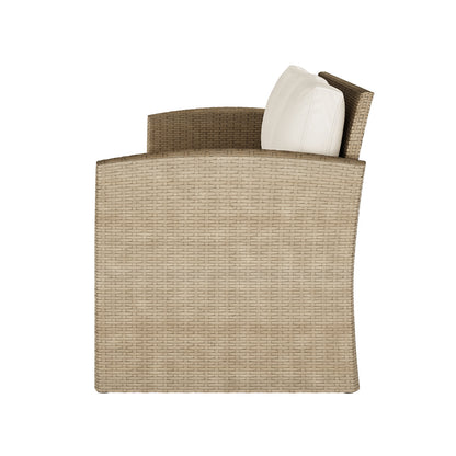 Close-up view of the Mapa 7 Seater Wicker Outdoor Sofa Dining Set, featuring intricate wicker details and plush cushions, highlighting its comfort and stylish design for outdoor gatherings.