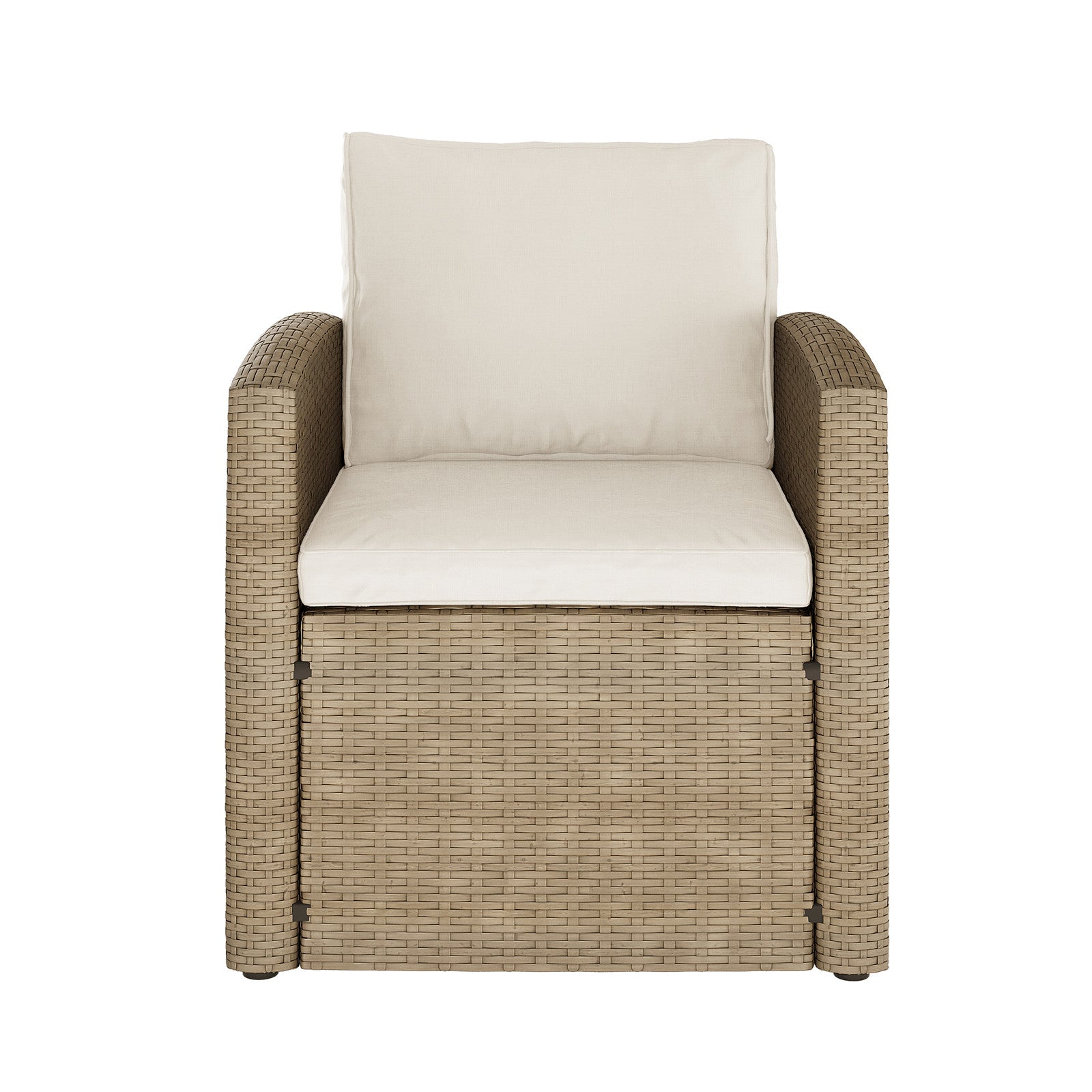 Mapa 7 Seater Wicker Outdoor Sofa Dining Set Natural, featuring a wicker sofa and chairs with cushions, suitable for outdoor dining, emphasizing comfort and style, ideal for backyard gatherings.