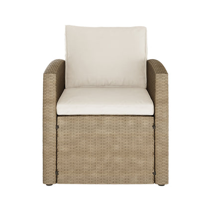 Mapa 7 Seater Wicker Outdoor Sofa Dining Set Natural, featuring a wicker sofa and chairs with cushions, suitable for outdoor dining, emphasizing comfort and style, ideal for backyard gatherings.