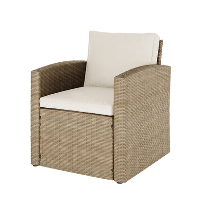 Close-up of Mapa 7 Seater Wicker Outdoor Sofa Dining Set, highlighting the intricate wicker design and plush white cushion, showcasing the set's comfort and stylish appeal for outdoor dining.