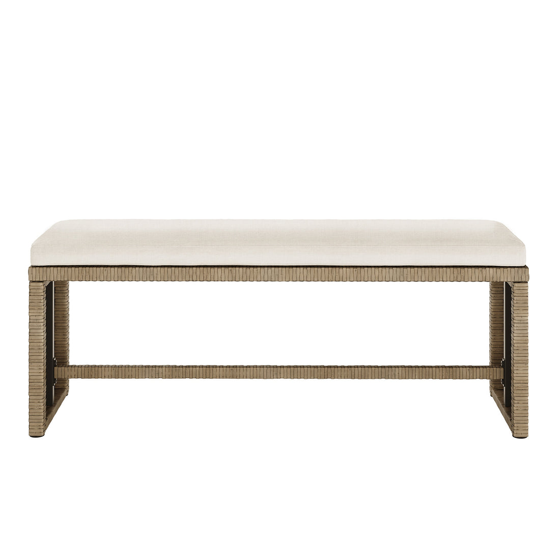 Close-up of the Mapa 7 Seater Wicker Outdoor Sofa Dining Set Natural, showcasing its wicker texture and modern design, with a bench and cushioned seating ideal for outdoor gatherings.