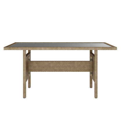 Mapa 7 Seater Wicker Outdoor Sofa Dining Set featuring a glass-topped table, woven mat details, and sturdy wicker construction, ideal for outdoor dining and gatherings.