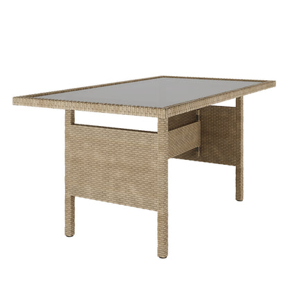 Mapa 7 Seater Wicker Outdoor Sofa Dining Set Natural shown with a sleek glass top table, emphasizing its modern wicker design and ample seating, ideal for transforming an outdoor space into a stylish dining area.