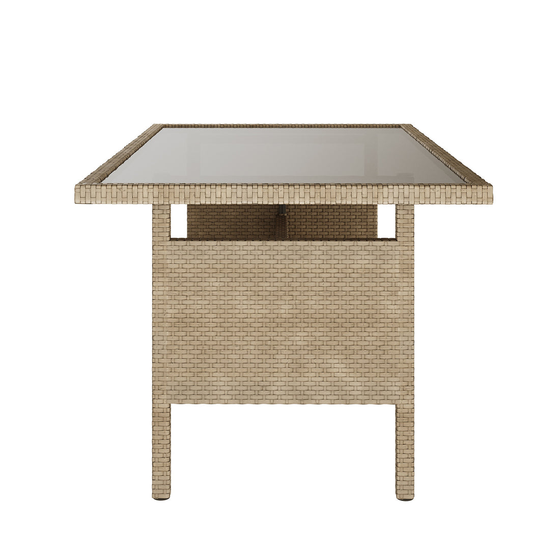 Mapa 7 Seater Wicker Outdoor Sofa Dining Set with a glass-top table and wicker seating showcased on a minimalist setting, emphasizing its modern design and functionality for outdoor dining.