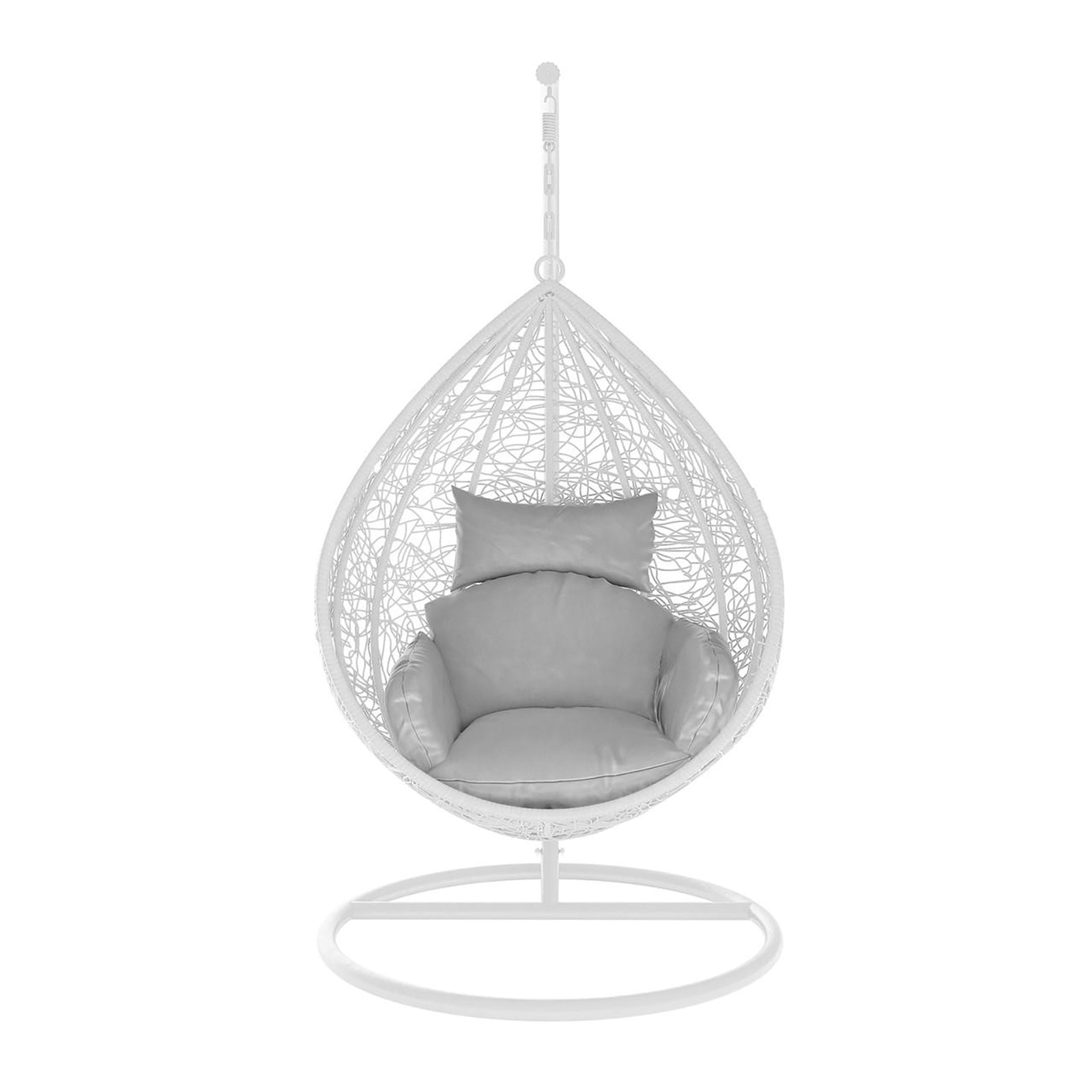 Close-up of the Marian Outdoor Hanging Egg Chair showcasing its elegant design, with a soft cushion nestled on a white chair frame, emphasizing comfort and style for both indoor and outdoor spaces.