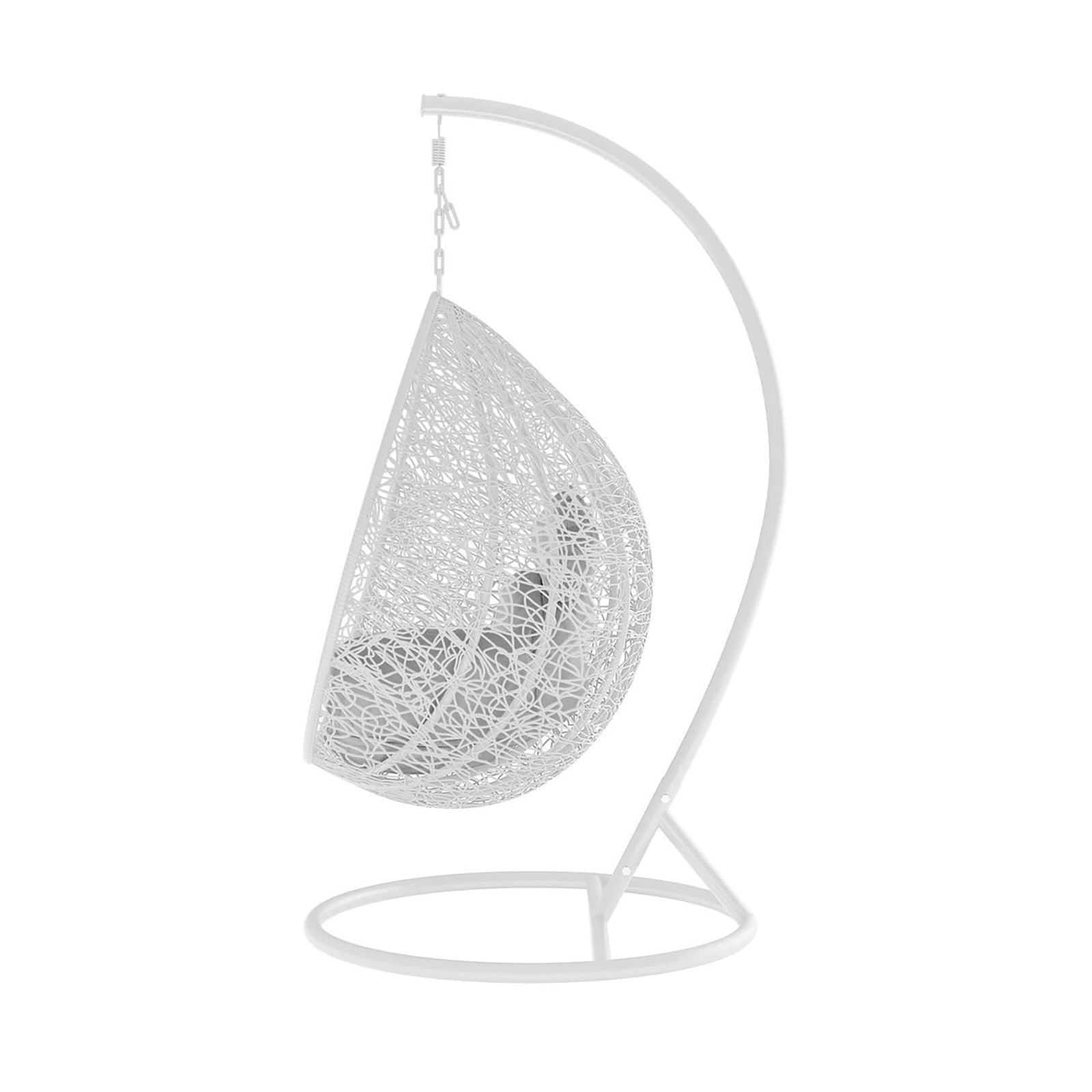 Marian Large Outdoor Hanging Egg Chair features a white wicker design in a sleek, modern pod shape, ideal for enhancing outdoor spaces with comfort and style.