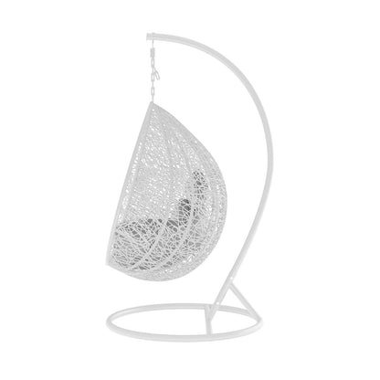 Marian Large Outdoor Hanging Egg Chair features a white wicker design in a sleek, modern pod shape, ideal for enhancing outdoor spaces with comfort and style.