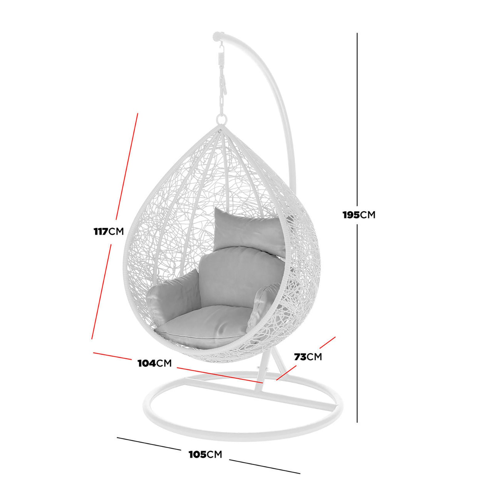 Marian Large Outdoor Hanging Egg Chair White, featuring a close-up view of its elegant design with a plush cushion, ideal for enhancing outdoor or indoor spaces with style and comfort.