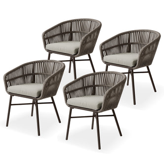 Marula Rope Outdoor Dining Chairs in Brown Set of 4 feature tubular metal frames, woven rope backs, light-gray seat cushions, ideal for stylish, comfortable alfresco dining. Perfect for Australian patios.