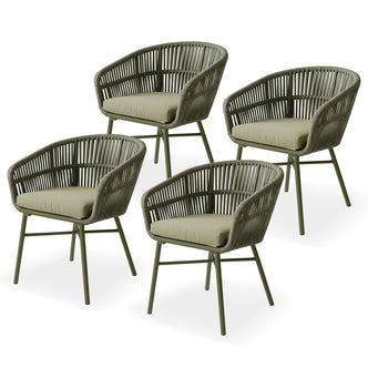 Marula Rope Outdoor Dining Chairs in Green Set of 4, featuring powder-coated metal frames, woven rope back and sides, and cushioned seats, designed for stylish and comfortable outdoor use.