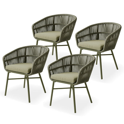 Marula Rope Outdoor Dining Chairs in Green Set of 4, featuring powder-coated metal frames, woven rope back and sides, and cushioned seats, designed for stylish and comfortable outdoor use.