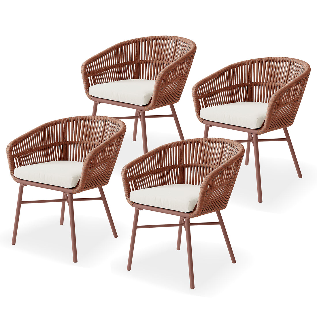 Marula Rope Outdoor Dining Chairs in Terracotta Set of 4, featuring curved basket-style woven backs, white seat cushions, and slender metal legs, ideal for modern outdoor dining with effortless style.