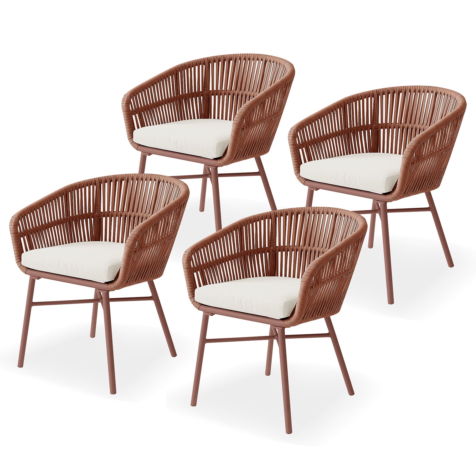 Marula Rope Outdoor Dining Chairs in Terracotta Set of 4, featuring curved basket-style woven backs, white seat cushions, and slender metal legs, ideal for modern outdoor dining with effortless style.
