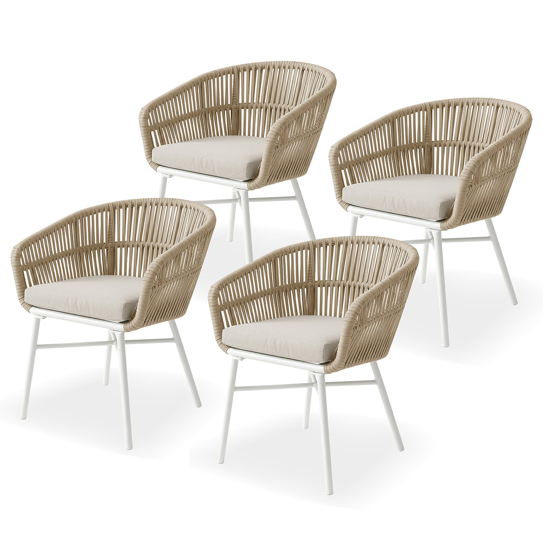 Marula Rope Outdoor Dining Chairs in White Set of 4 features a white metal frame with woven light-tan shells and removable beige cushions, embodying breezy, relaxed outdoor dining comfort.