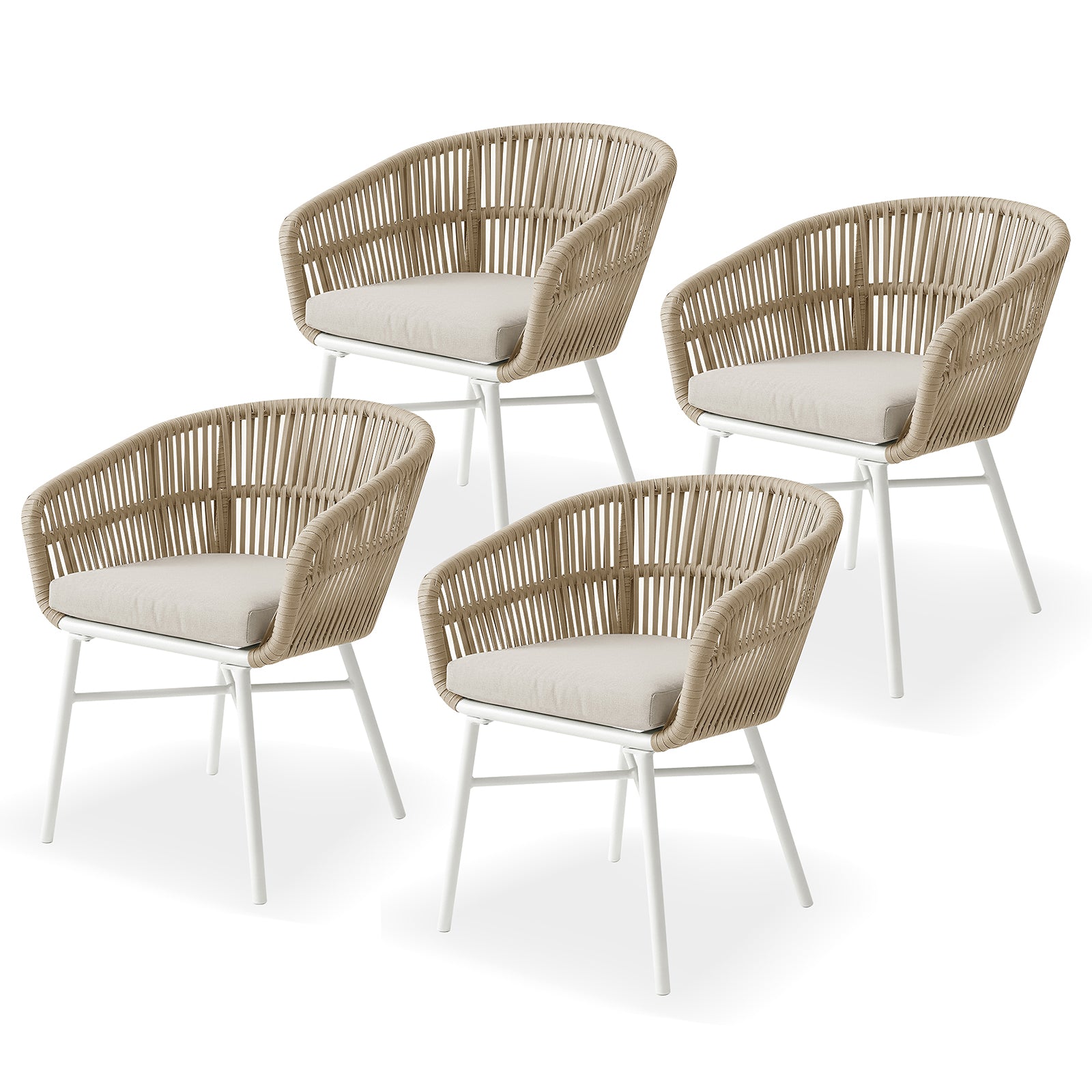 Marula Rope Outdoor Dining Chairs in White Set of 4 features a white metal frame with woven light-tan shells and removable beige cushions, embodying breezy, relaxed outdoor dining comfort.