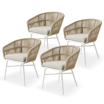 Marula Rope Outdoor Dining Chairs in White Set of 4 features a white metal frame with woven light-tan shells and removable beige cushions, embodying breezy, relaxed outdoor dining comfort.