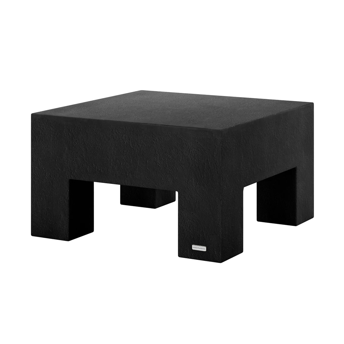 Angled view of Maxon Black Indoor Outdoor Concrete Coffee Table, showcasing its sturdy block design