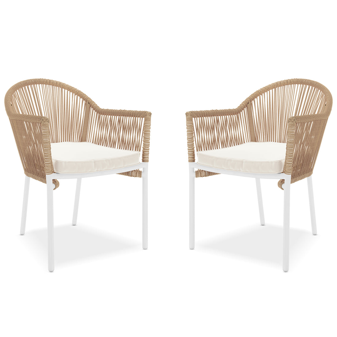 Mindanao PE Wicker Outdoor Dining Chair set features a close-up of wicker texture, cushioned seat, and armrests, highlighting its sturdy design and comfort-focused construction for versatile outdoor or indoor use.