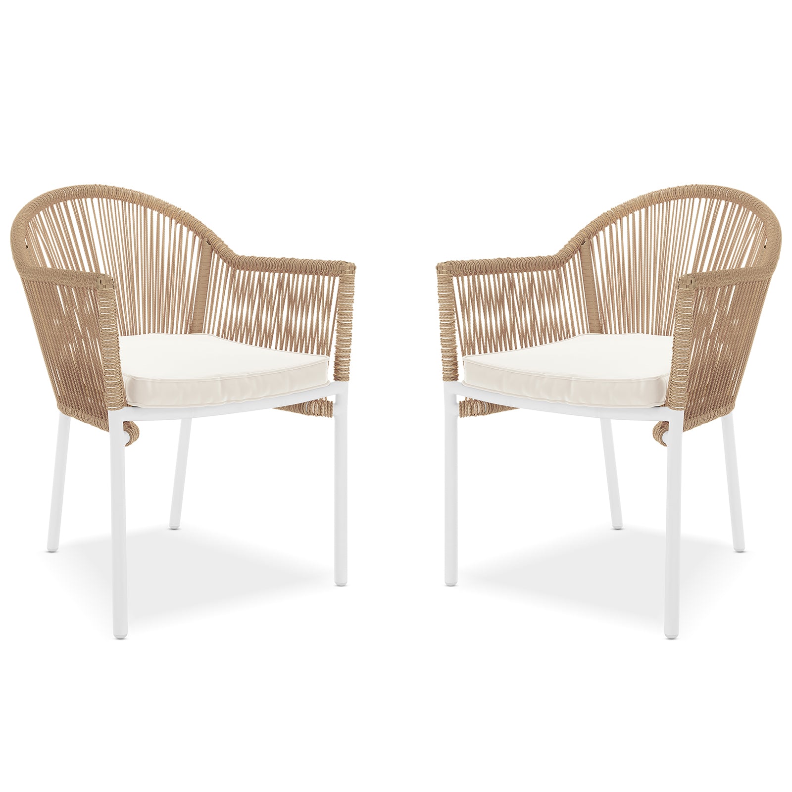 Mindanao PE Wicker Outdoor Dining Chair set features a close-up of wicker texture, cushioned seat, and armrests, highlighting its sturdy design and comfort-focused construction for versatile outdoor or indoor use.