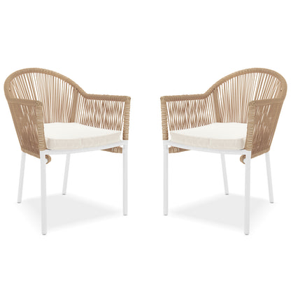 Mindanao PE Wicker Outdoor Dining Chair set features a close-up of wicker texture, cushioned seat, and armrests, highlighting its sturdy design and comfort-focused construction for versatile outdoor or indoor use.