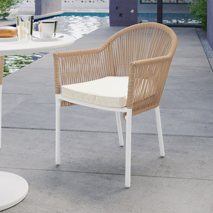 Mindanao PE Wicker Outdoor Dining Chair Set of 2 features twisted rattan design and beige cushions, supported by white powder-coated legs, perfect for stylish outdoor dining.