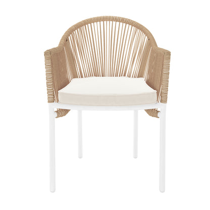 Close-up of the Mindanao PE Wicker Outdoor Dining Chair set, highlighting the twisted wicker texture and armrest detail, accompanied by a cushion, showcasing its sturdy build and modern design for outdoor use.