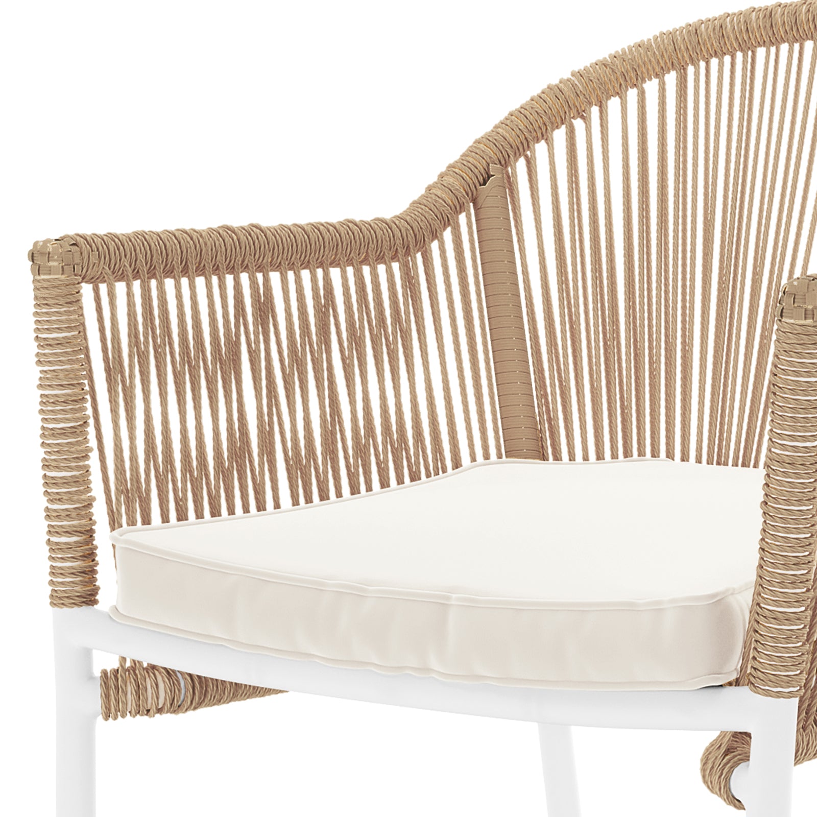 Mindanao PE Wicker Outdoor Dining Chair Natural Set of 2, featuring a close view of woven rattan texture and solid aluminum frame, highlighting its durability and modern design for versatile outdoor use.