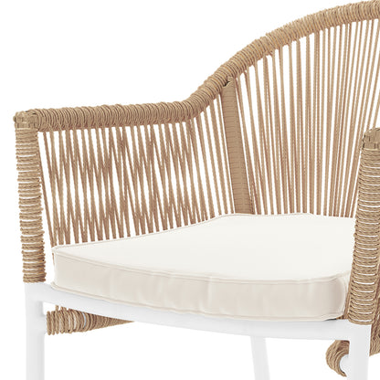 Mindanao PE Wicker Outdoor Dining Chair Natural Set of 2, featuring a close view of woven rattan texture and solid aluminum frame, highlighting its durability and modern design for versatile outdoor use.