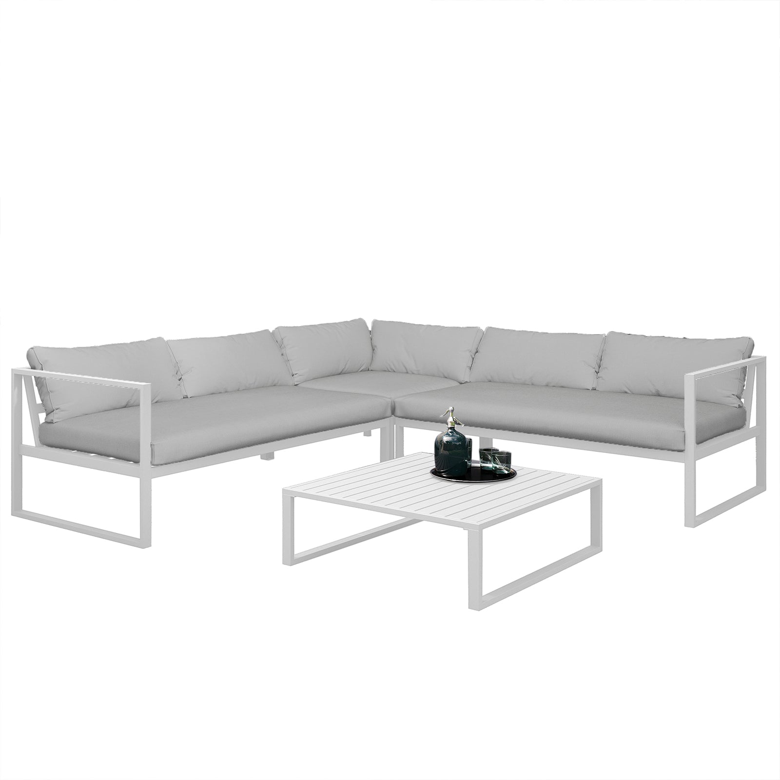 Moana 6-Seater Aluminium Outdoor Corner Sofa Lounge Set Light Grey, showcasing its modular design, plush cushions, and sturdy frame, ideal for enhancing outdoor relaxation and entertainment spaces.