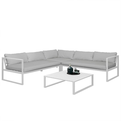 Moana 6-Seater Aluminium Outdoor Corner Sofa Lounge Set Light Grey, showcasing its modular design, plush cushions, and sturdy frame, ideal for enhancing outdoor relaxation and entertainment spaces.