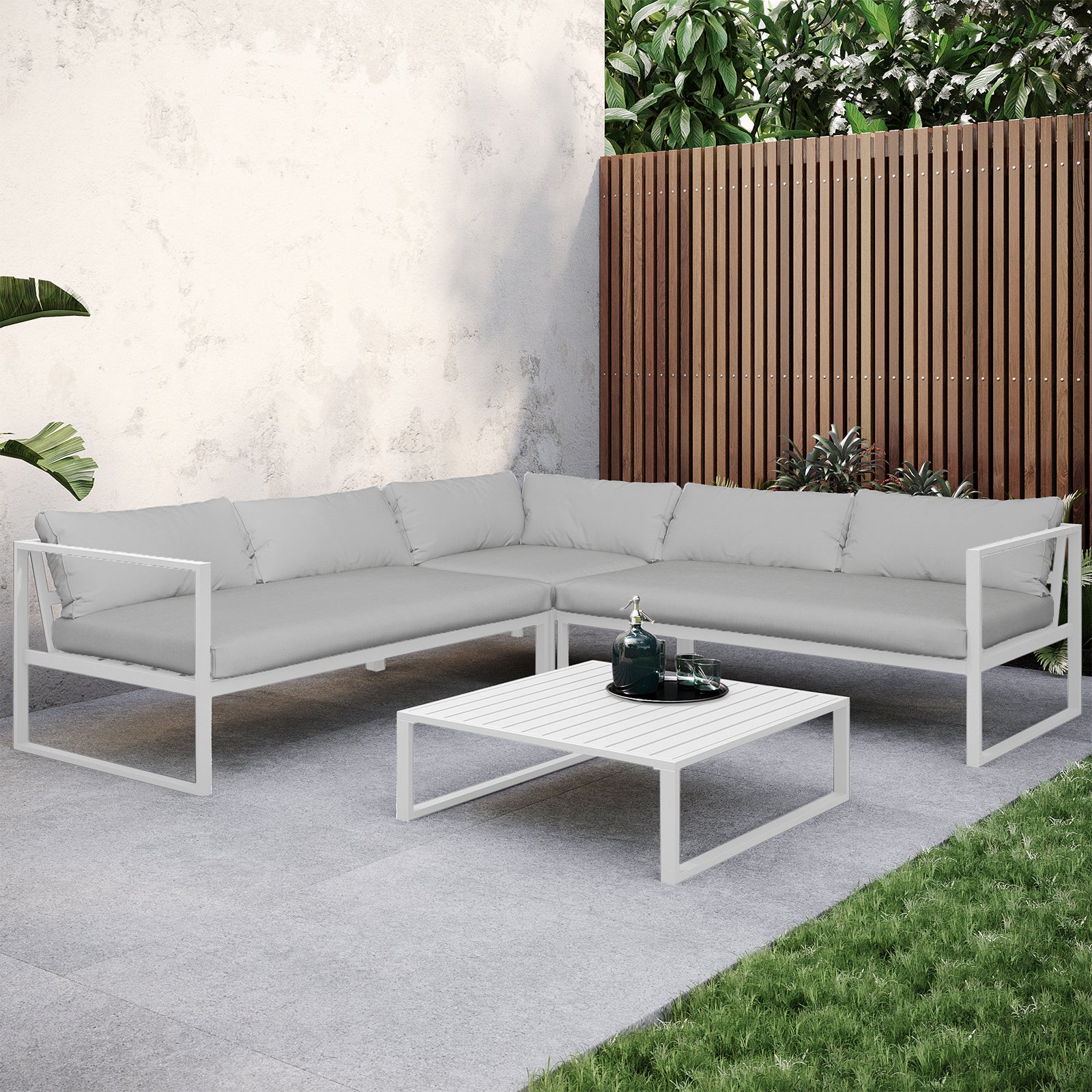 Moana 6-Seater Aluminium Outdoor Corner Sofa Lounge Set Light Grey features a modular L-shaped design with thick cushions and a sturdy aluminium frame, ideal for enhancing outdoor relaxation spaces.