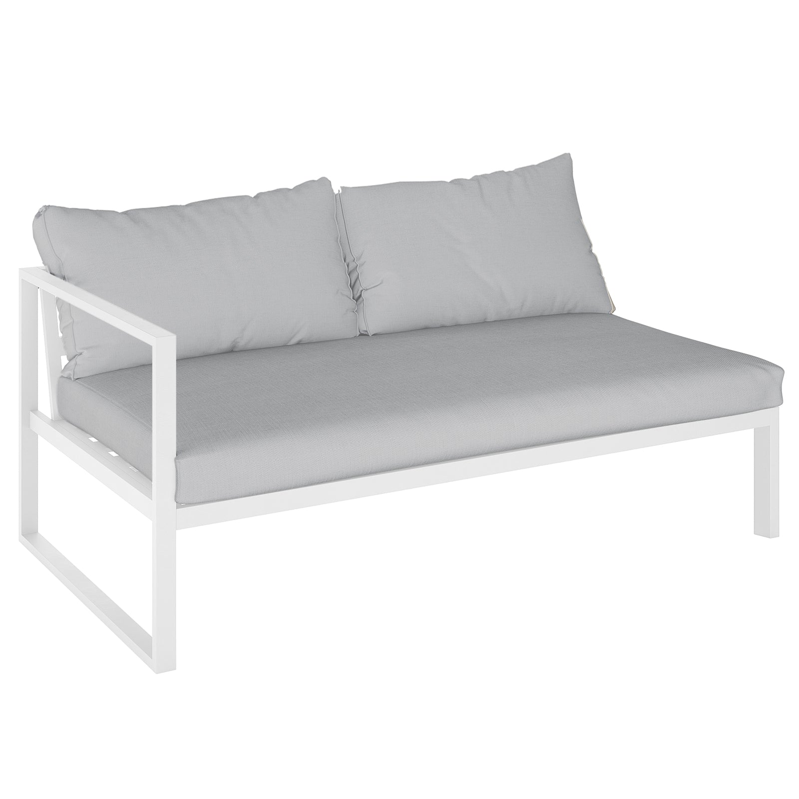 Moana 6-Seater Aluminium Outdoor Corner Sofa Lounge Set Light Grey showcases a close-up of its sleek powder-coated aluminum frame and plush cushions, emphasizing its modular design for luxurious outdoor relaxation and entertainment.