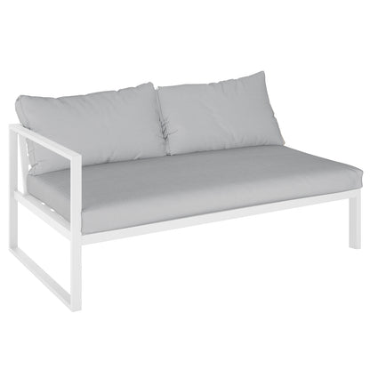 Moana 6-Seater Aluminium Outdoor Corner Sofa Lounge Set Light Grey showcases a close-up of its sleek powder-coated aluminum frame and plush cushions, emphasizing its modular design for luxurious outdoor relaxation and entertainment.